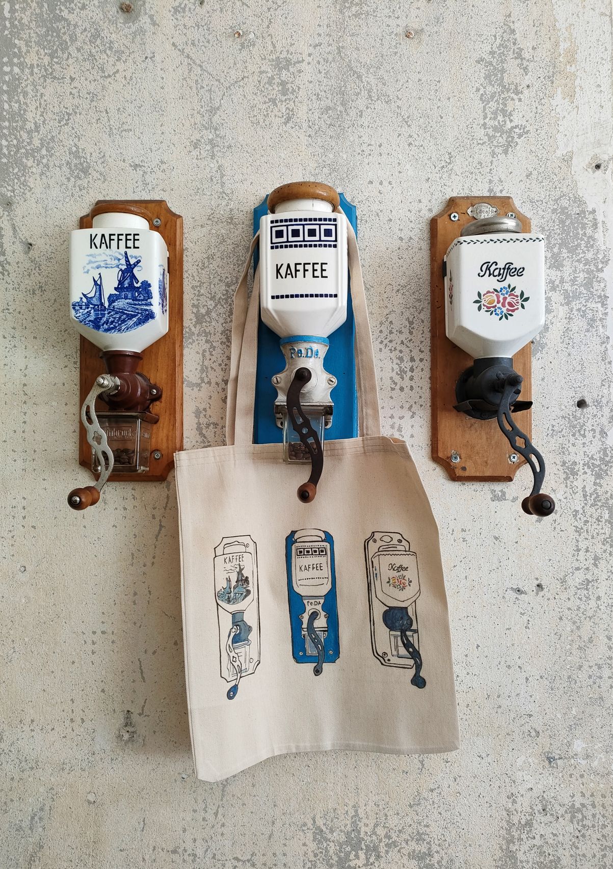 Vintage coffee grinder and flour bags